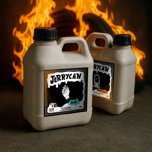 Deux jerrycans réutilisables (Gin et Rhum Blanc) devant un feu de flammes, format vrac éco-conçu pour le secteur CHR. - réalisé par Agence Kulte