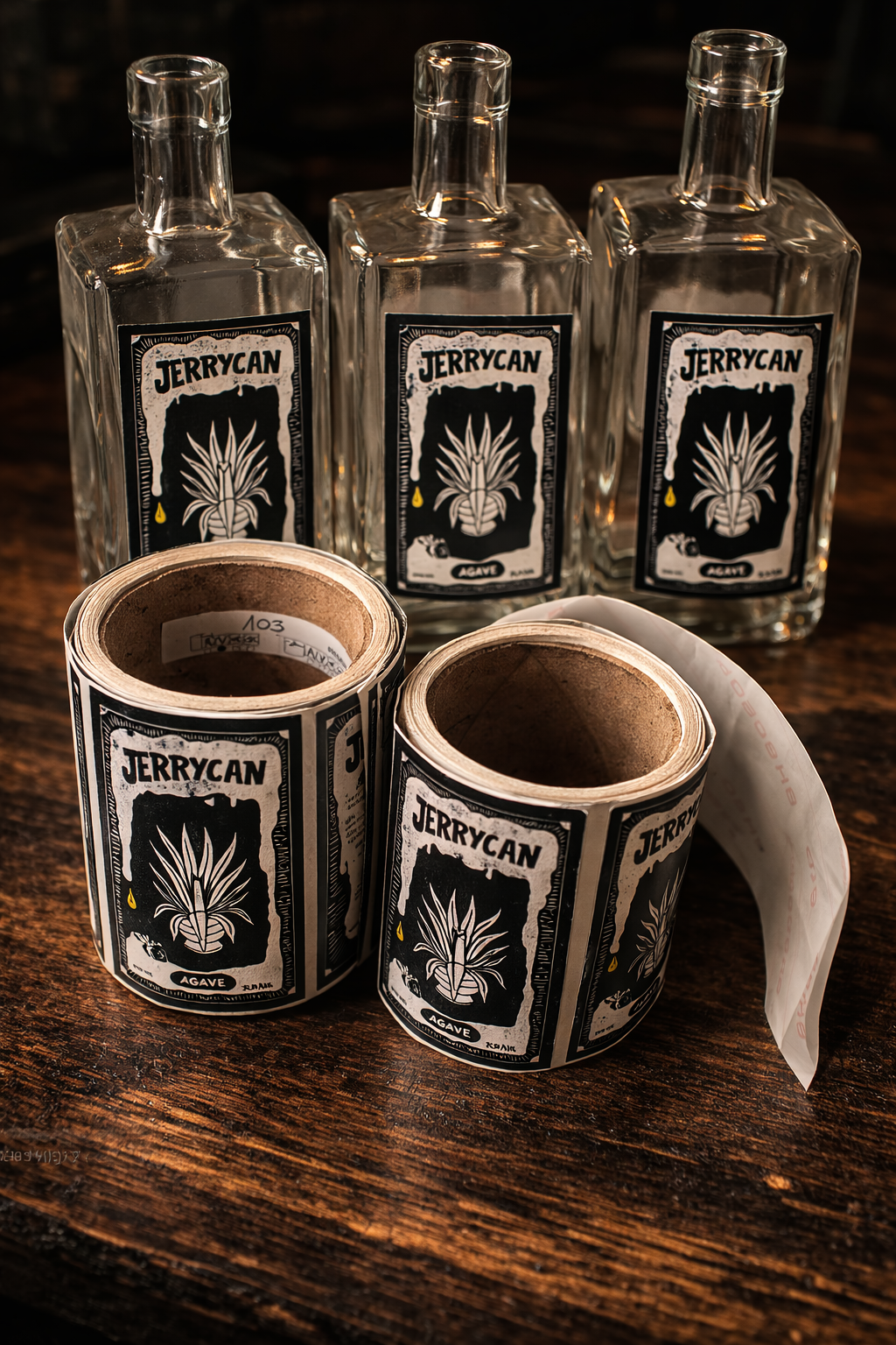 Rouleaux d'étiquettes Jerrycan Agave et bouteilles vides, packaging artisanal et identité visuelle en production. - réalisé par Agence Kulte